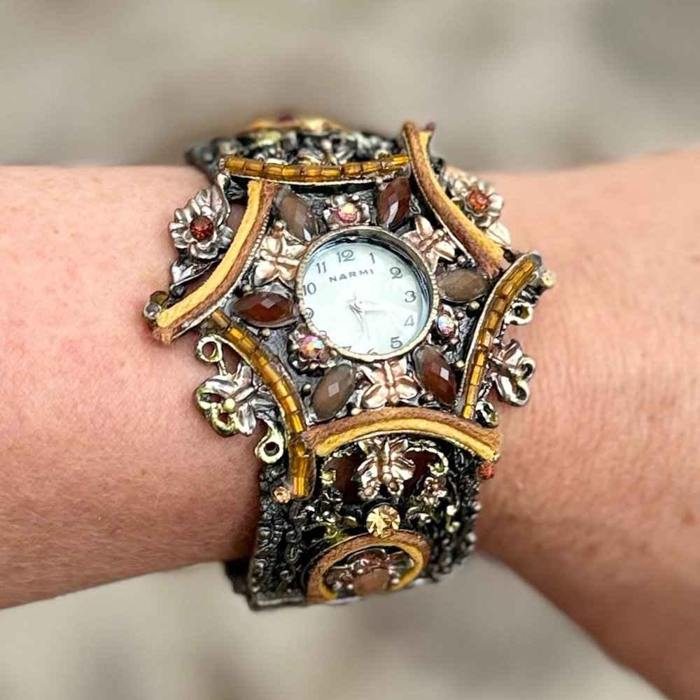 Vintage Narmi Watch Wrist Hinged Cuff Analog Boho Bejeweled Whimsical